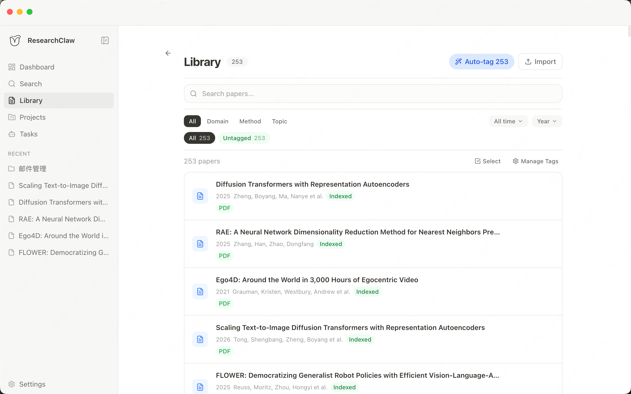 ResearchClaw dashboard showing arXiv papers with AI-categorized tags